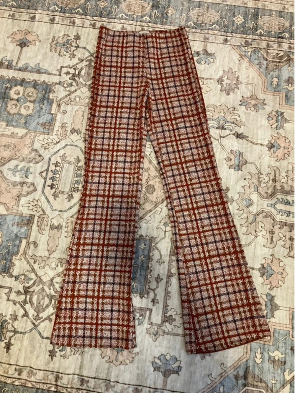 Urban Outfitters Womens S Plaid Knit Flare Pants Rust Brown Jacquard 70s Retro